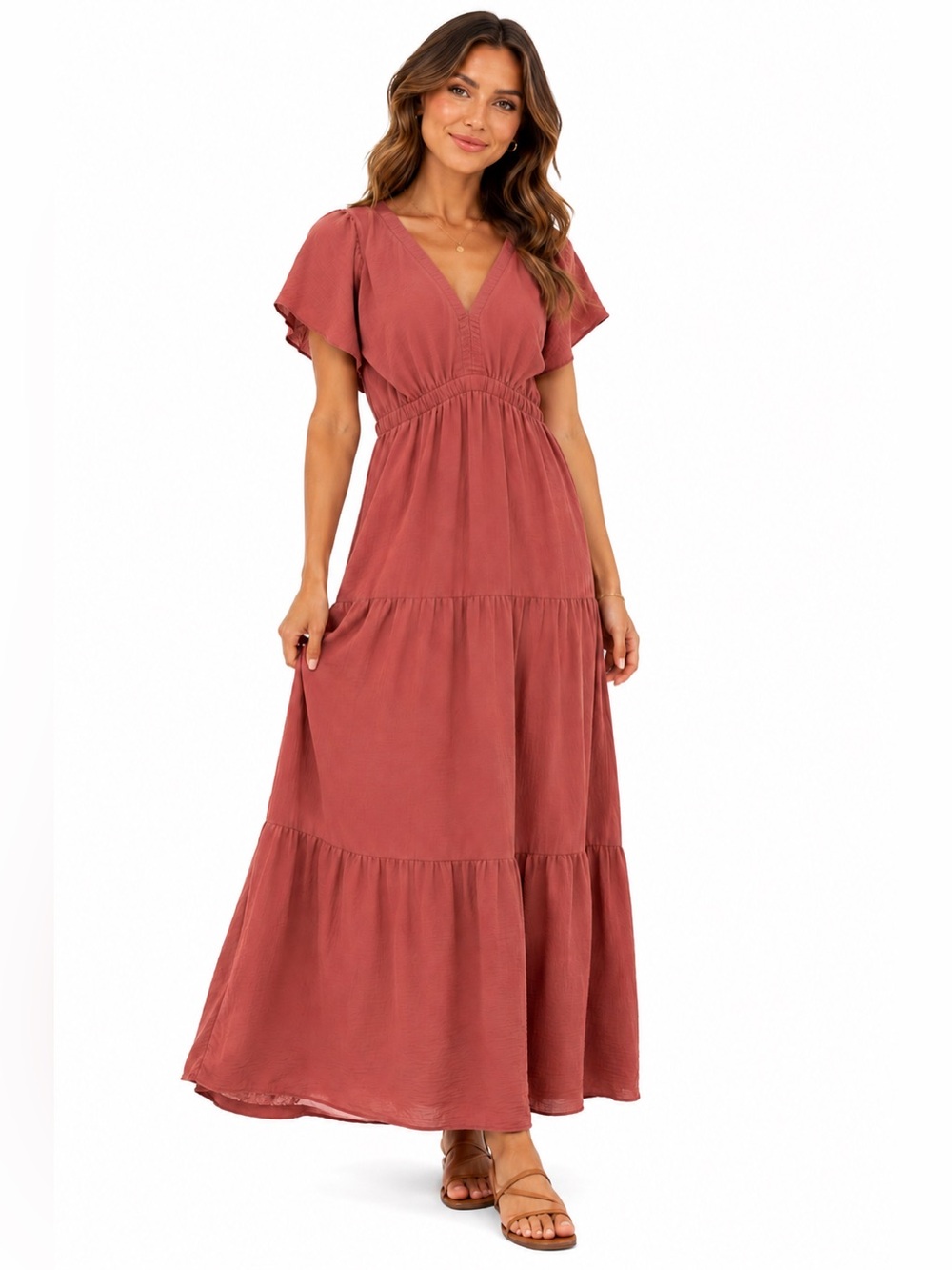 Women's Dusty Rose Tiered Maxi Dress Flutter Sleeve Open Back Boho Cottagecore L